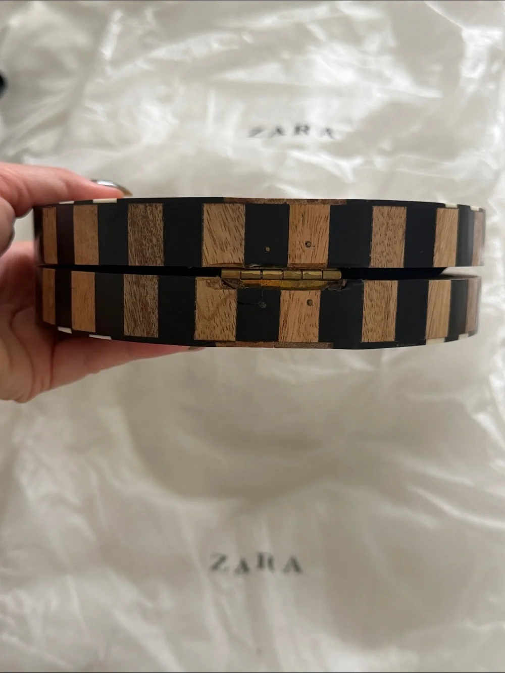 ZARA Black, White and Wood Round Geometric Crossbody Bag